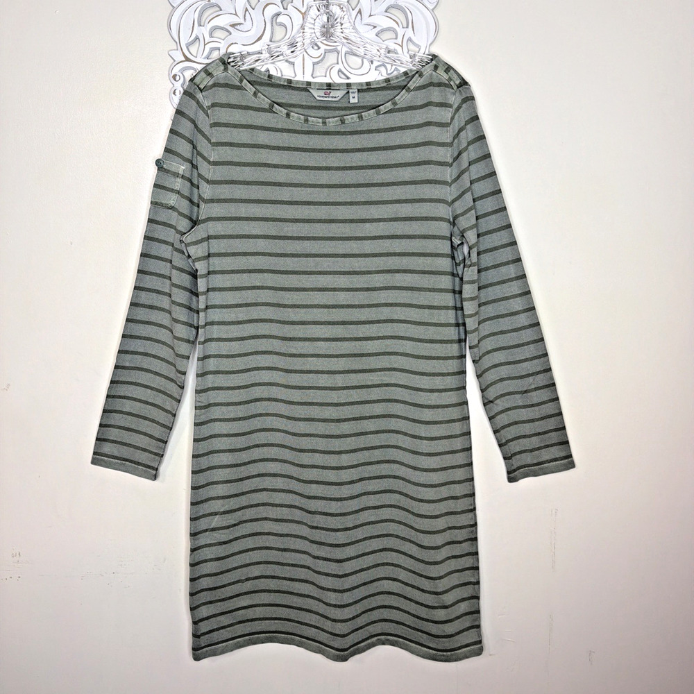 Vineyard Vines Women's MEDIUM Pullover Cotton Dress Long Sleeves Striped GREEN
